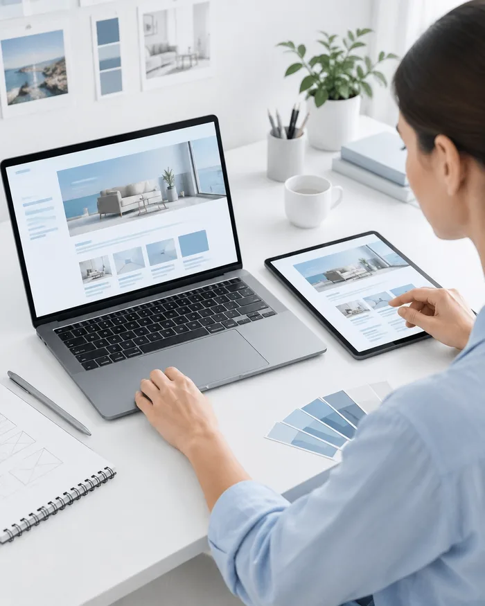 Laptop and tablet showing a clean website layout in a bright studio