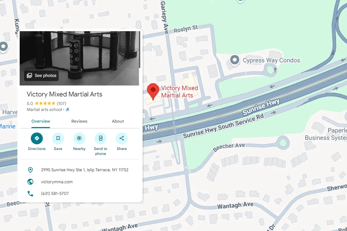 Victory MMA local listing showing its location and 5.0-star rating